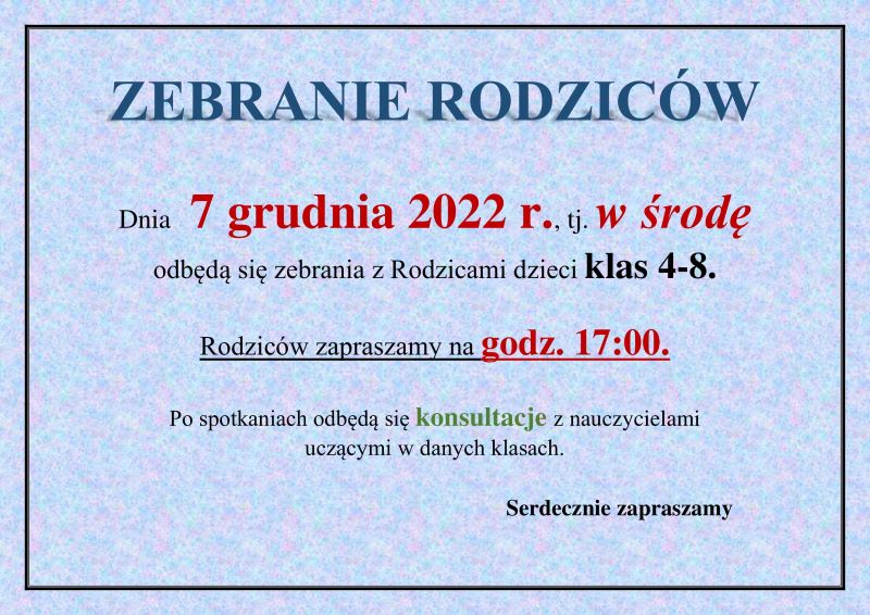 ZEBRANIE RODZICÓW dla klas 4-8 - zdjęcie 1